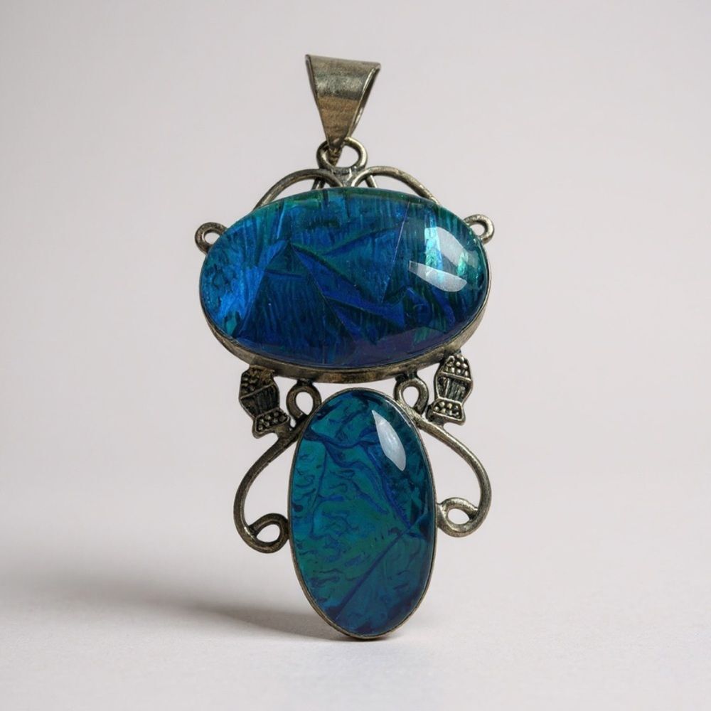 Vintage Dichroic Glass Pendant Blue Green Iridescent Silver Tone